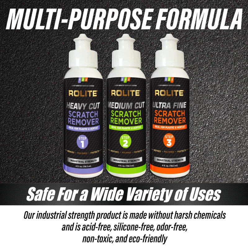 Rolite 3 Step Scratch Removal System for Clear Plastic and Acrylic Surfaces - Heavy Cut, Medium Cut and Ultra Fine Combo Set Removes Scratch and Swirl Marks, 3 - 4 Ounce Bottles - Image 3
